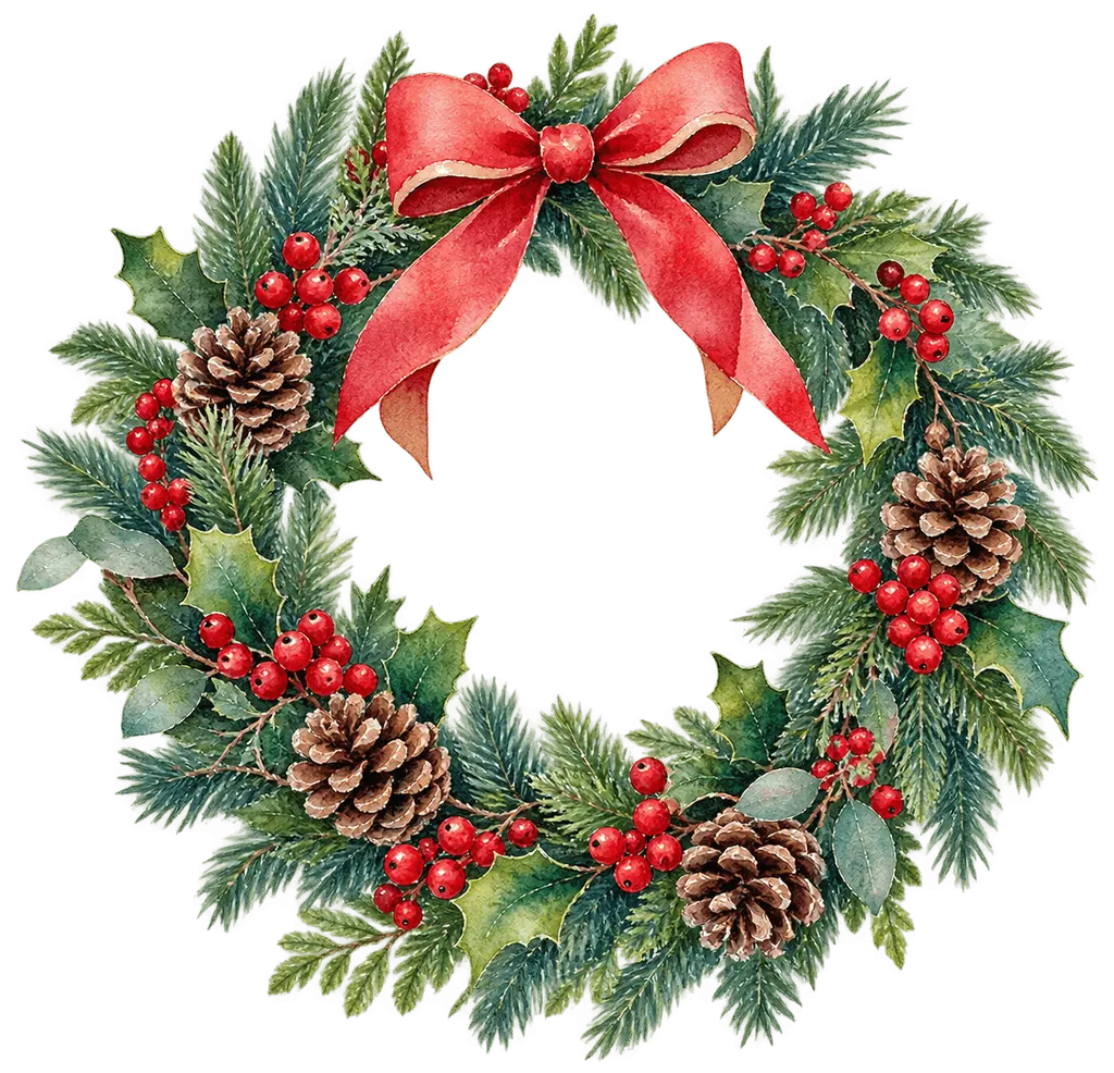 水彩のクリスマスリース。施設だより向けフリー素材