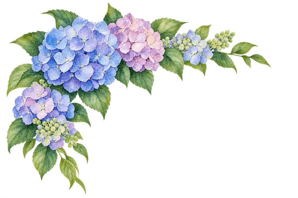 水彩の紫陽花の角飾り。施設だより向けフリー素材