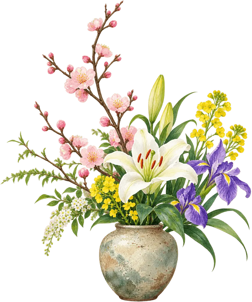 水彩の花瓶に生けた花。施設だより向けフリー素材