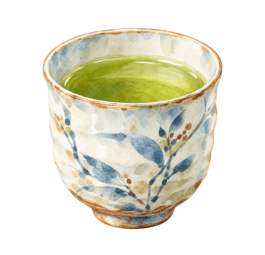 水彩の湯のみとお茶。施設だより向けフリー素材